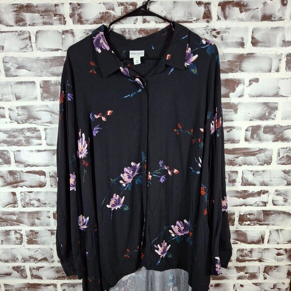 Ava + Viv 3X High Low Top Black Floral Button Down Long Sleeves - Picture 1 of 5